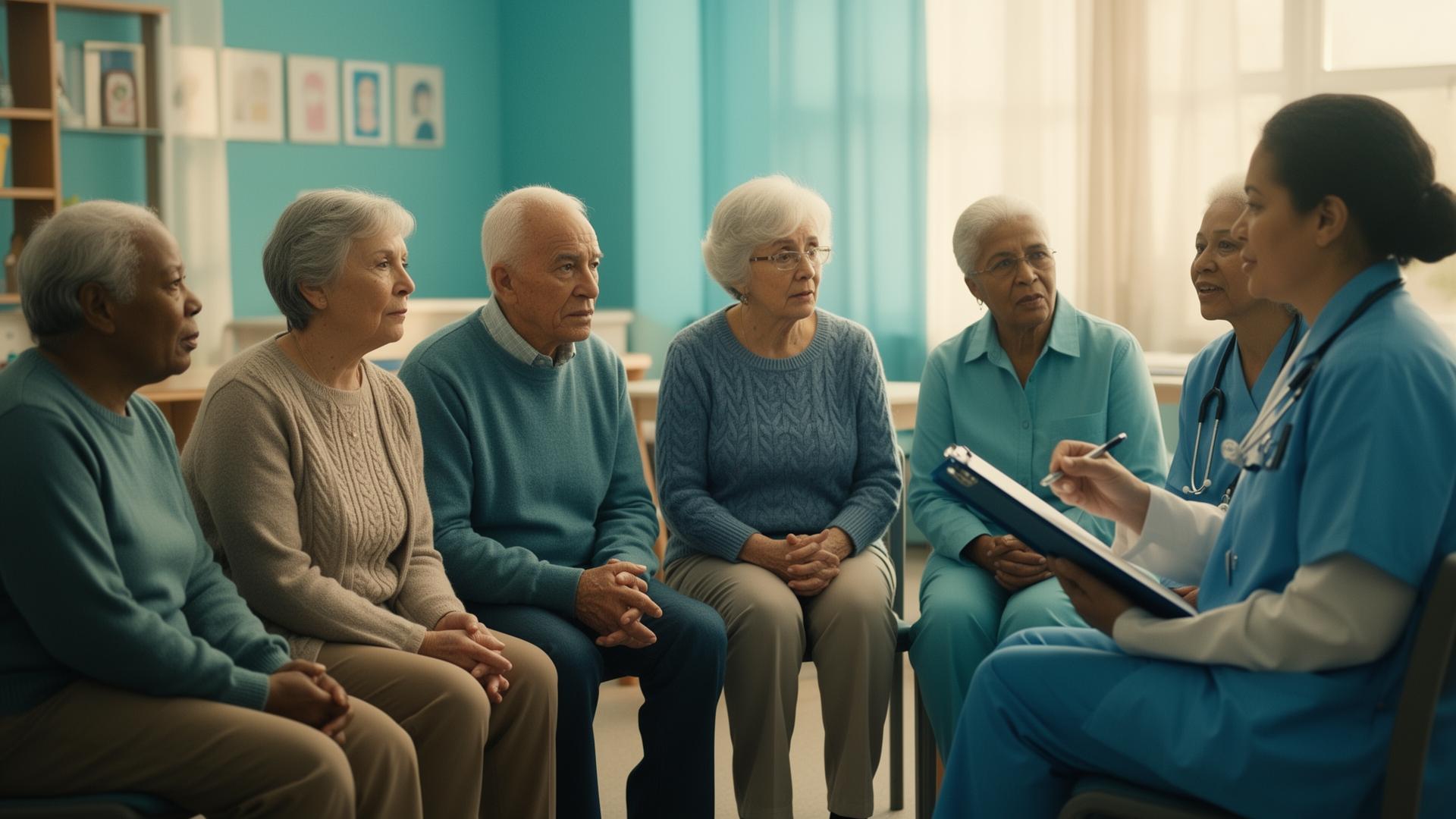A small group of patients and a clinician seated together in a community room, listening during an educational conversation.