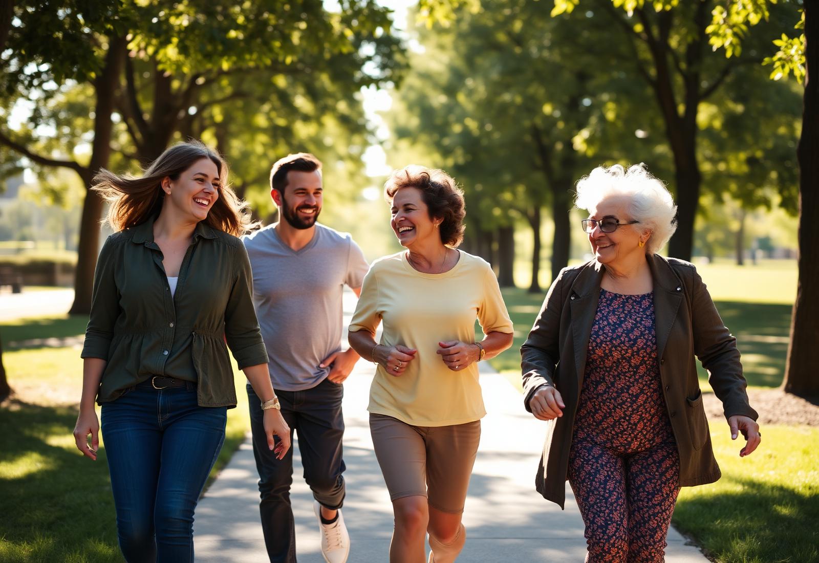 A vibrant, diverse group of adults of different ages walking together outdoors in bright sunlight, laughing and full of energy.